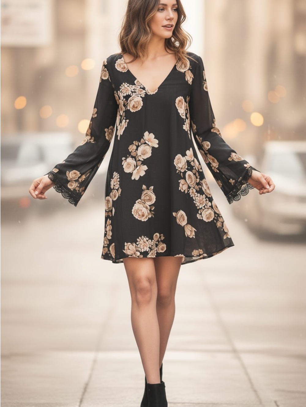 ASTR Black Floral V-Neck Tunic Boho Dress with Lace Bell Sleeve Detail